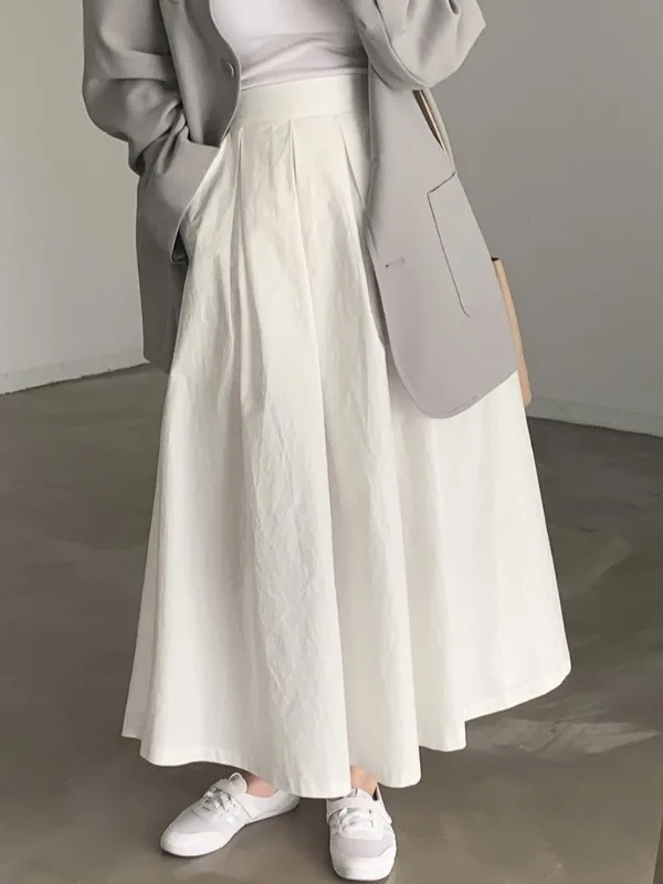 

Ele High Waist A-Line Midi Skirt Pure Color Slimming Spring Faion Women's Long Pleated f Body Skirt Commute Sle