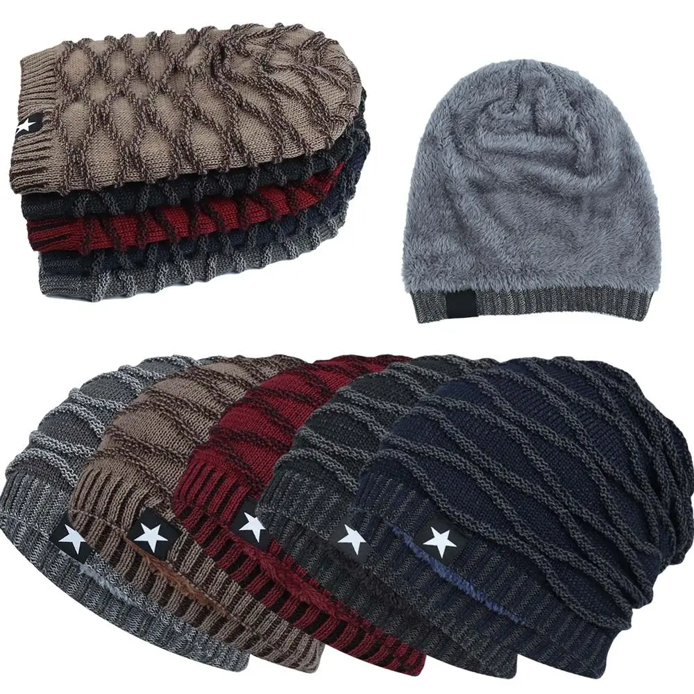 Casual Winter Beanie Hat Thickened Star Patch Knitted Winter Hat Striped Texture Keep Warm Slouchy Beanie Hat for Men and Women