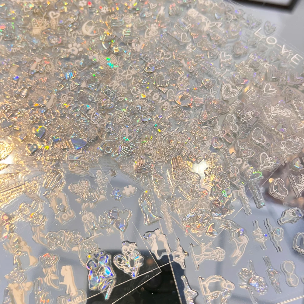 12 ピース/セットレーザースライバーバレンタインデーネイルステッカー 3D ハート/弓/唇/キス/愛ネイルデカール女性のためのマニキュア装飾スライダー