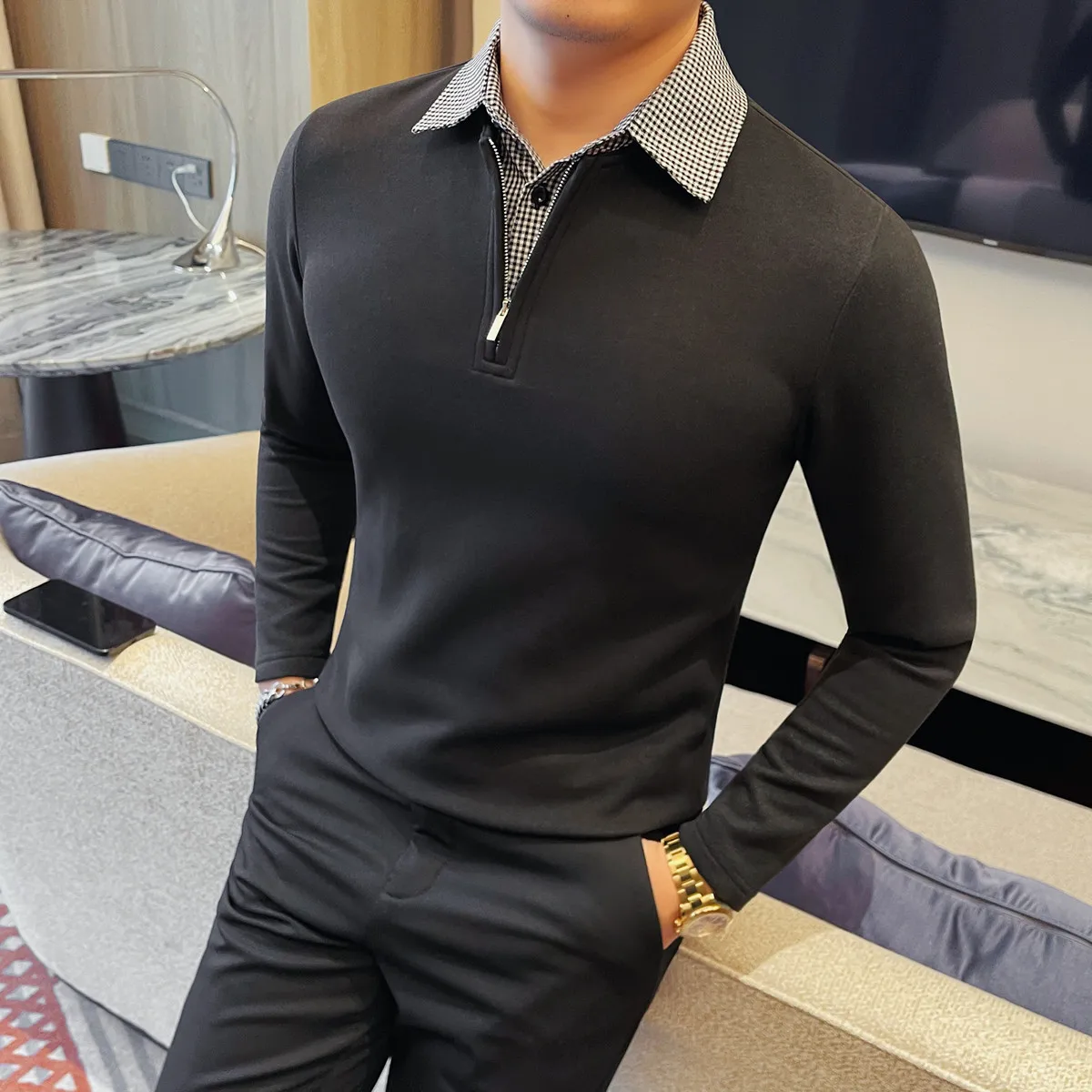 

Осень-зима, новый вязаный свитер с воротником рубашки, модный искусственный комплект из 2 предметов, облегающий эластичный утепленный мужской свитер 4XL-M