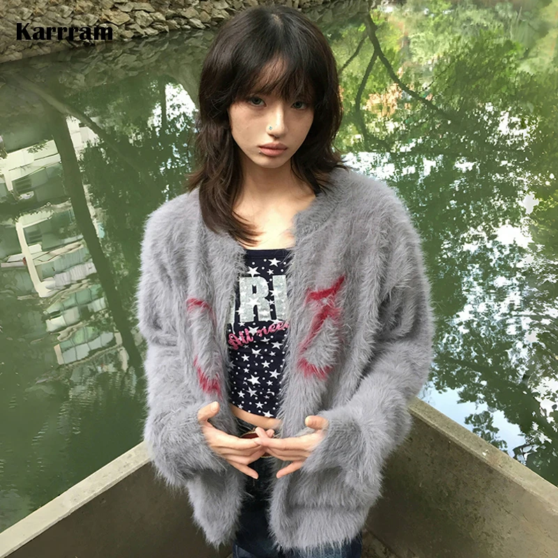 Karrram Japanese Y2k Grey Cardigan Grunge Aesthetics Tattoo Print Knitted Jacket Vintage Harajuku Mohair Furry Coat Trashy 2000s