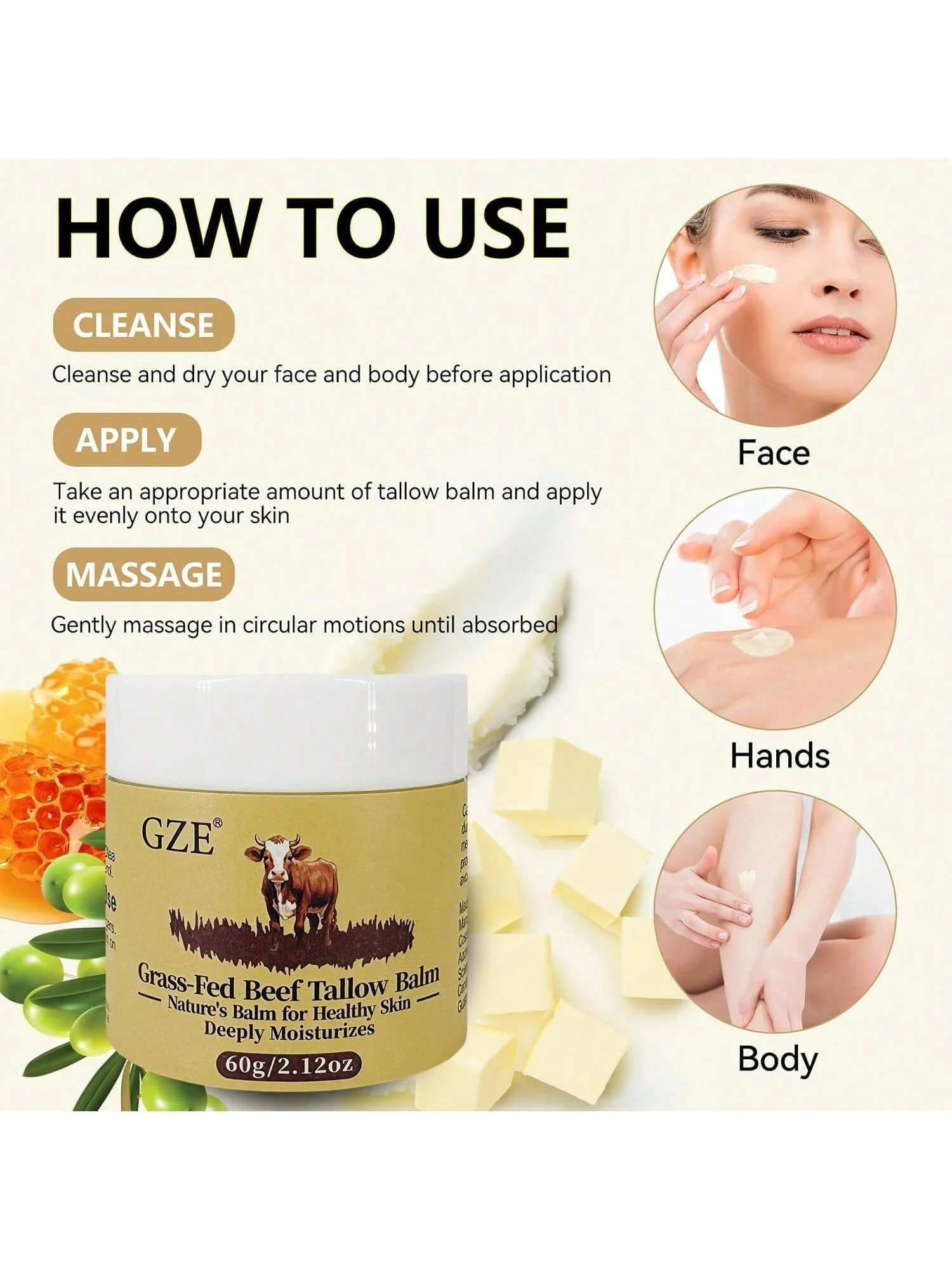 بلسم طويل من لحم البقر المطلي بالعشب من GZE - لصالون البشرة الطبيعي متعدد الأغراض للوجه والجسم والشفاه، والترطيب والإصلاح، للجفاف #5