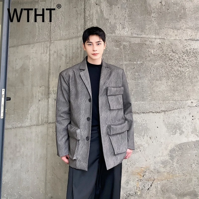 WTHT Fashion Men's Spliced Pockets Design Loose Cargo Coats Trendy 2025 Autumn Lapel Long Sleeves Casual Jackets Male 2A1917