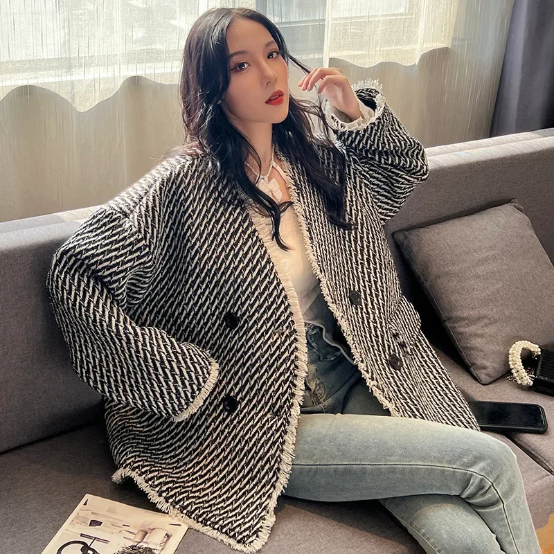 

Wool Double Breasted V Neck Long Sleeve Coats Striped Loose Fit Button Spliced Autumn Women Blends Basics Outerwear Cardigan