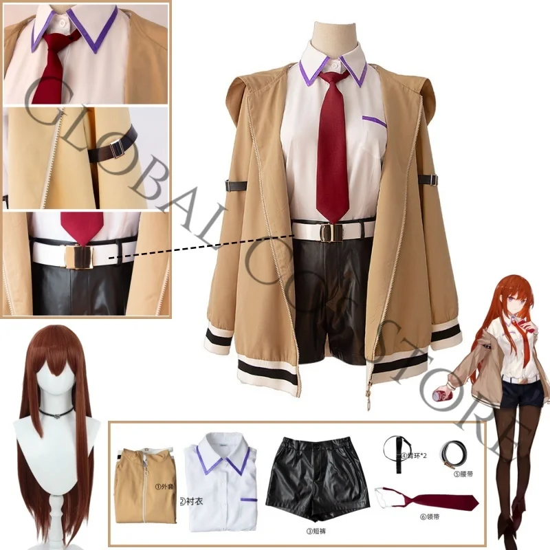 

Anime Character Makise Kurisu Cosplay Costume White Shirt Red Tie and Black Leather Shorts Coat Set Casual Outfit Daily Wear