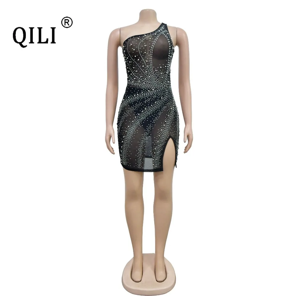 QILI-Women's Sleeveless Rhinestone Short Dress, Monochromatic Mesh, Hot Diamond