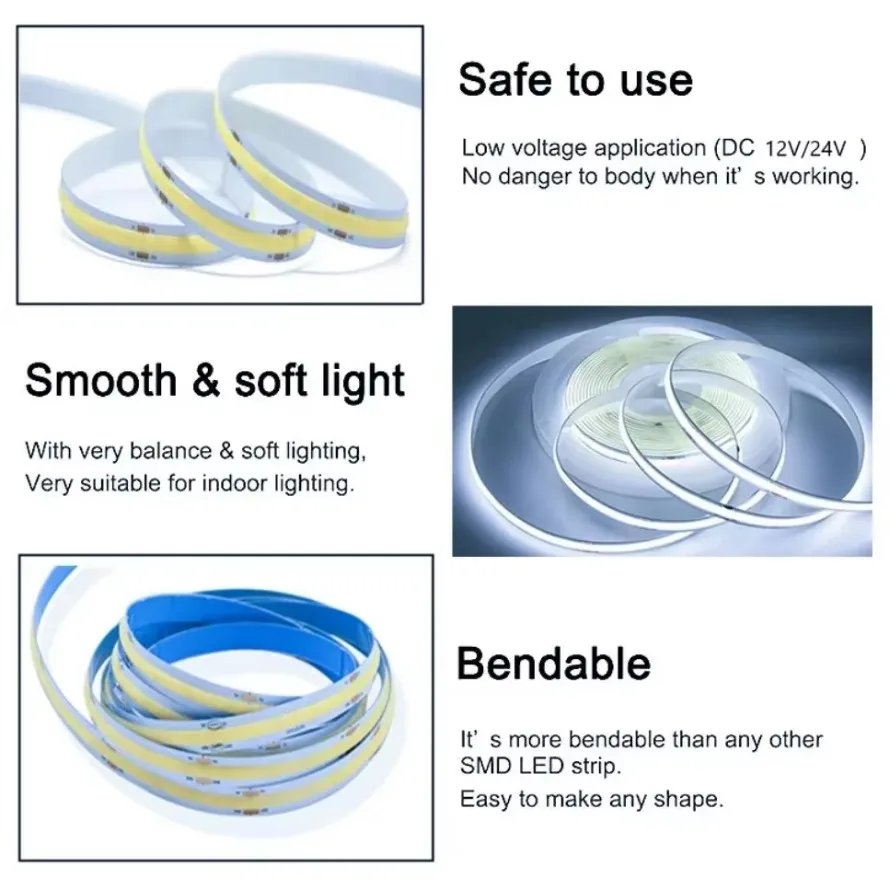 선형 조도 조절 가능 COB LED 스트립 라이트, 유연한 웜, 내추럴, 쿨 화이트, COB LED 라이트, RA90, 10m 480, 24V, 12V, 8mm