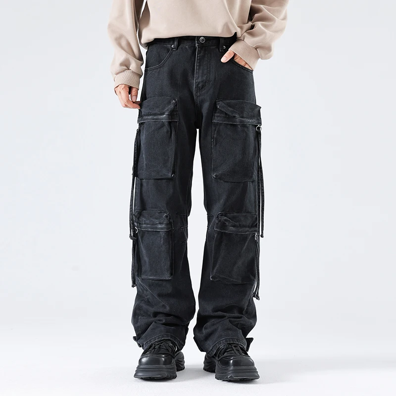 

American high street heavy washed jeans men tide brand hundred loose straight multi-pocket work pants men's pants