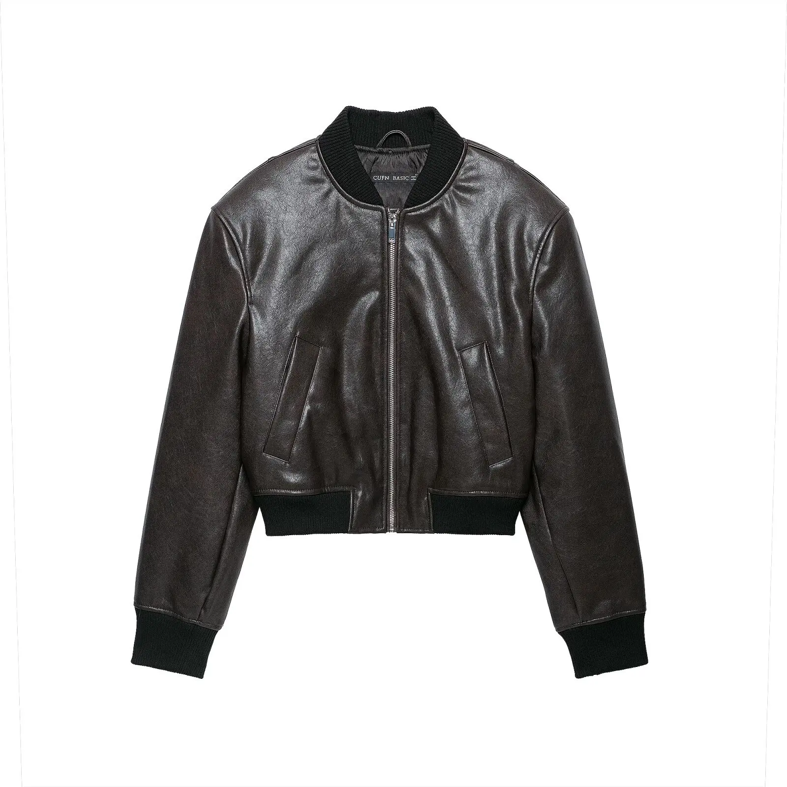 Womens Vintage Brown Leather Bomber Jacket Ribbed Collar Zipper Short Flight Coat Casual Streetwear Biker Outerwear 2026
