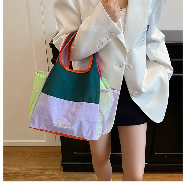 Dopamine Color Block Foldable Nylon Tote Bag Lightweight Waterproof Handbag with Side Mesh Open Pockets Reusable Shopping Bag fo