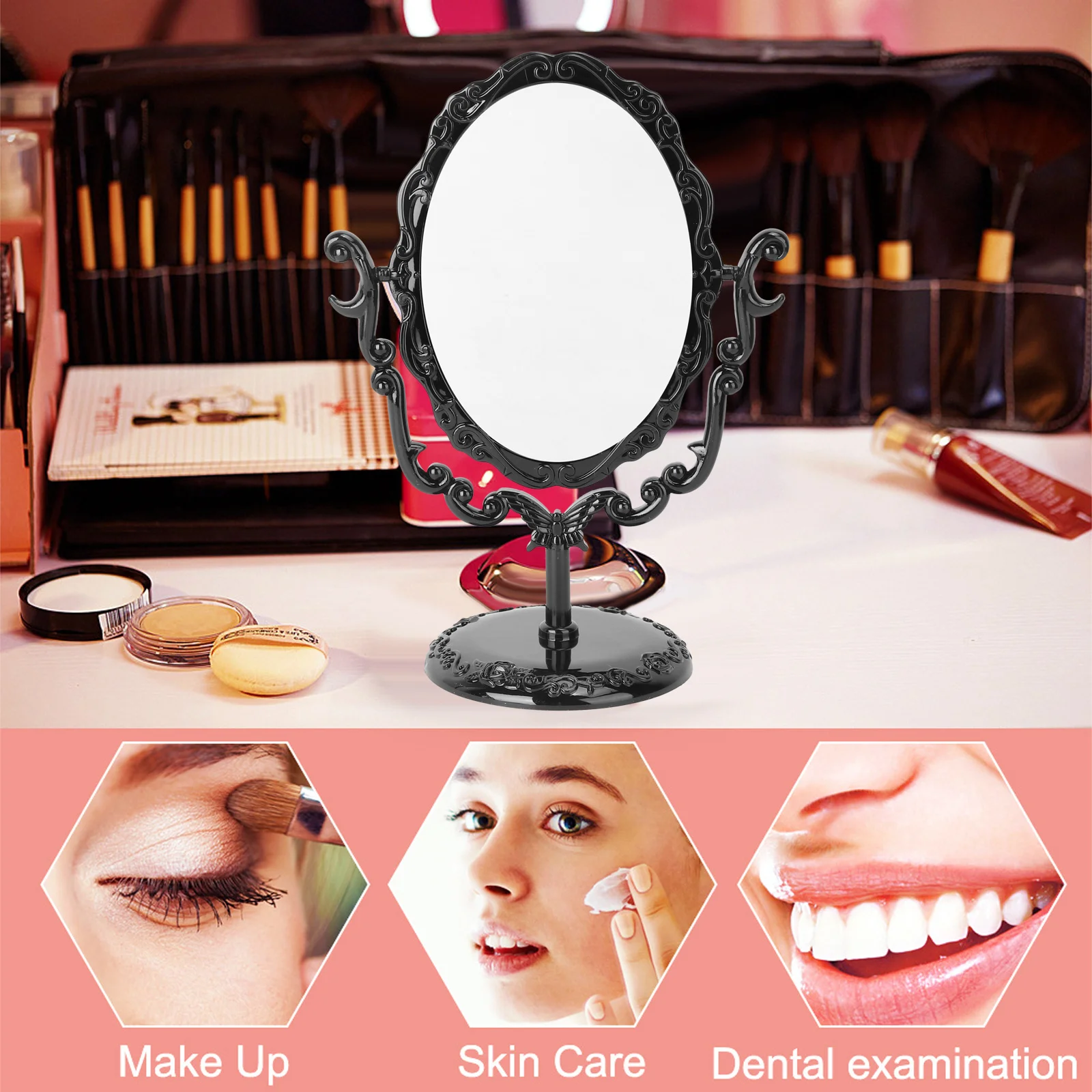 Gothic Desktop Rotatable Vintage Makeup Mirror Black Frame Elegant Rose Pattern Stable Bracket One Side Mirror