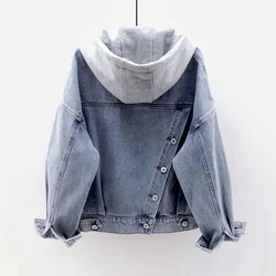 Spring Autumn Long Sleeves Hooded Women Denim Coat Jacket Korean Big Pockets Jean Jacket for Women Fashion Single-breasted Tops