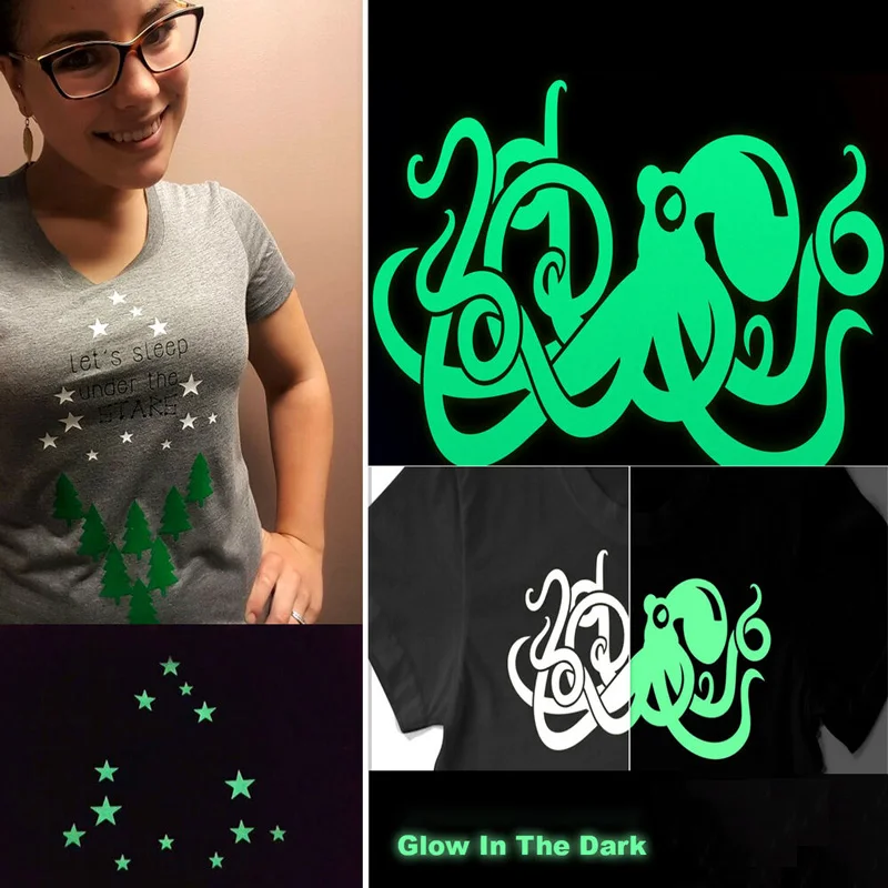 7pcs Per Lot 20cm x25cm PU Luminous Heat Transfer Vinyl Glow in Dark Hot Press Plotter Film For T-shirt Pattern Personalized DIY