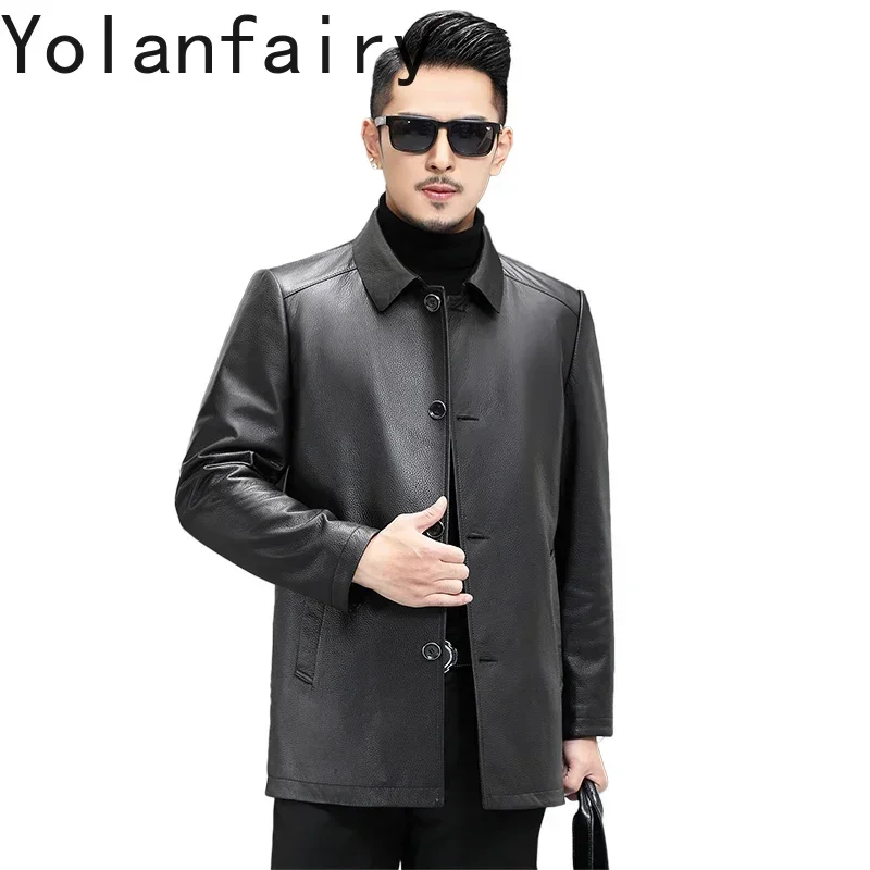 

YOLANFAIRY Genuine Leather Top Layer Deerskin Leather Coat Mens Leather Jacket High-end Midi Long Business Casual Coats Jacket