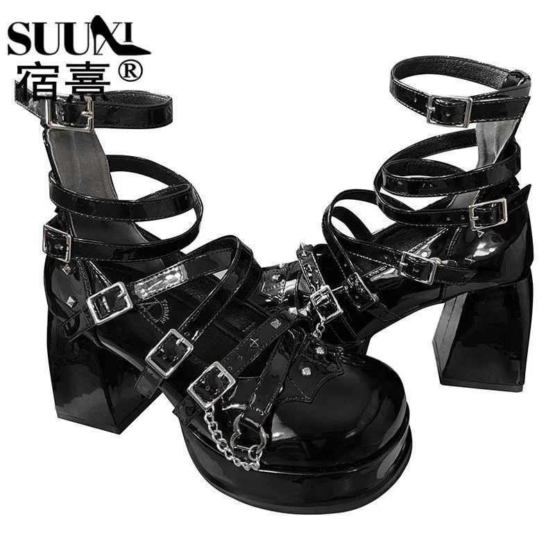 Judgement angel punk style Gothic high heels lolita shoes round head cross buckle thick heels