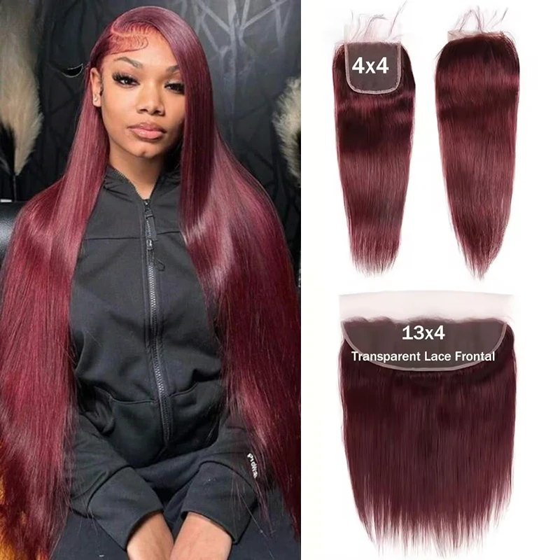 99J Burgundy Straight Hair 13X4 Lace Frontal Burmese Remy Human Hair Preplucked 4x4 Transparent Lace Closure Human Hair