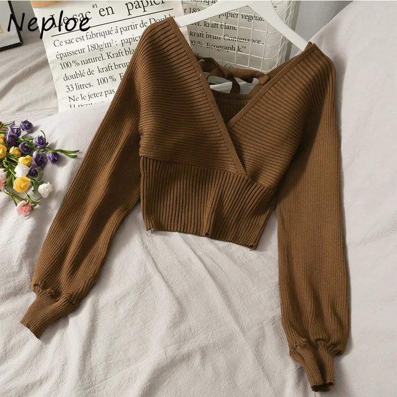 Neploe V Neck Cross Bow Design Sexy Open Back Sweater Pullover Long Sleeve Slim Fit Knit Pull Femme Spring Outwear Solid Sueter