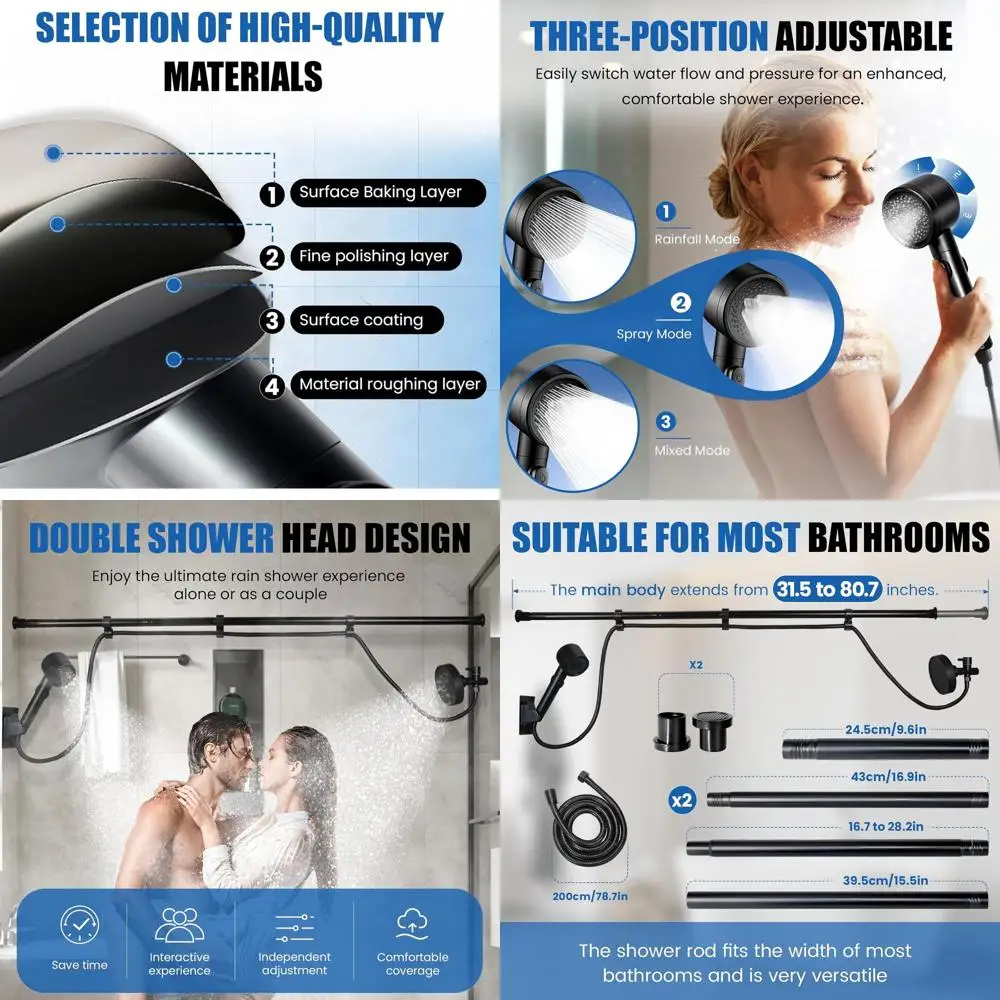 

Couple's Dual Shower System: 6+3 Spray Modes, High-Pressure, Extendable 31.5-80.7 Rod & 78.7 Hose