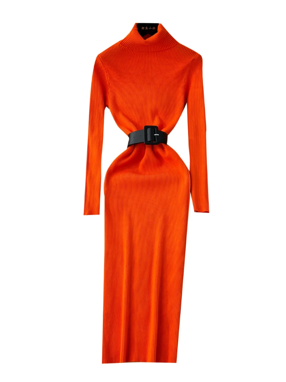 เสื้อไหมพรมคอสูงทรงเอ สไตล์เกาหลี สำหรับผู้หญิง ใส่เป็นเสื้อตัวในช่วงฤดูหนาว ทรงเข้ารูป มีเข็มขัด ผลิตจากเส้นใยโพลีเอสเตอร์ แขนยาว