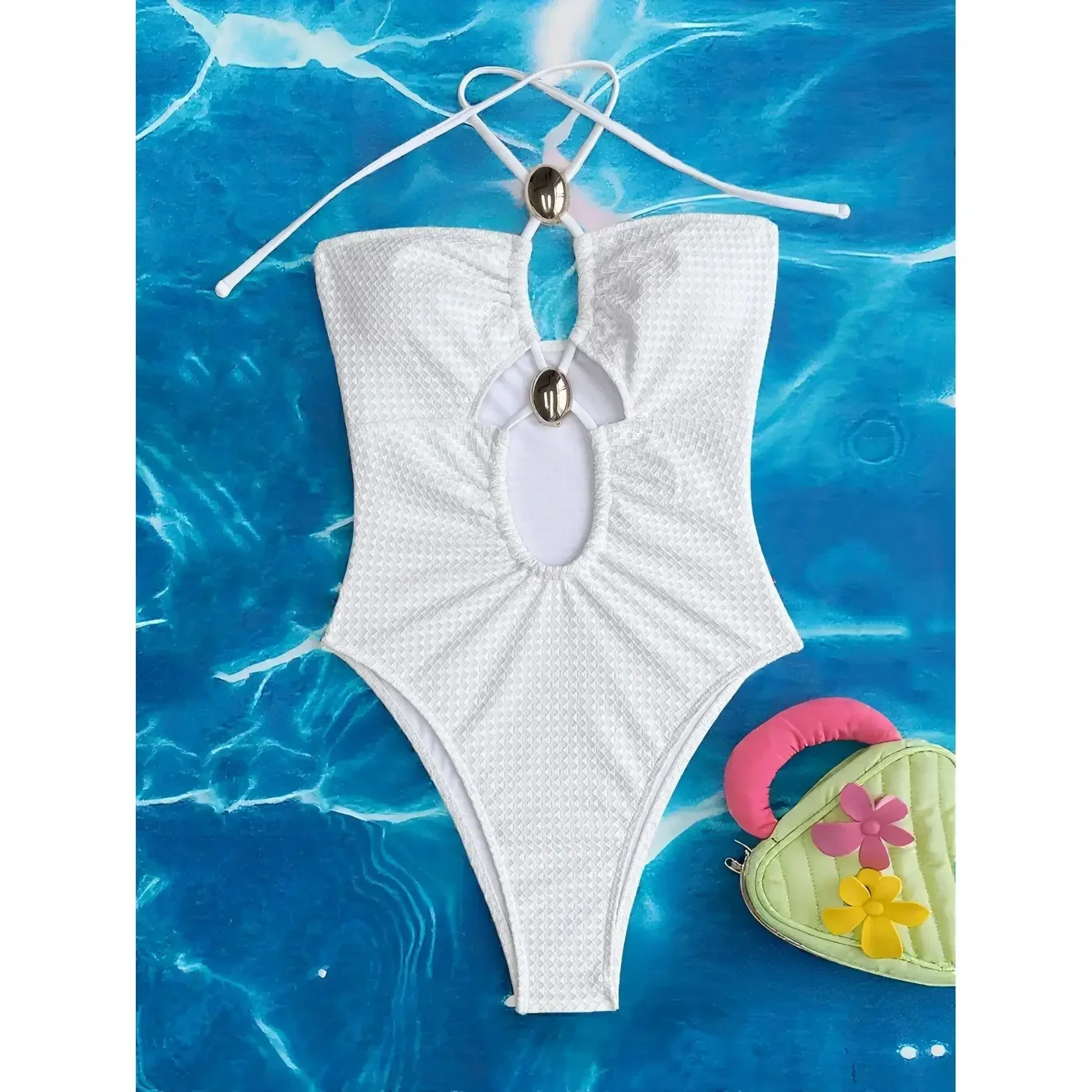2025 Women's Solid Color Sexy Neck One-piece Bikini Swimsuit Spice Girls Beach Skinny Thong One-piece Bikini