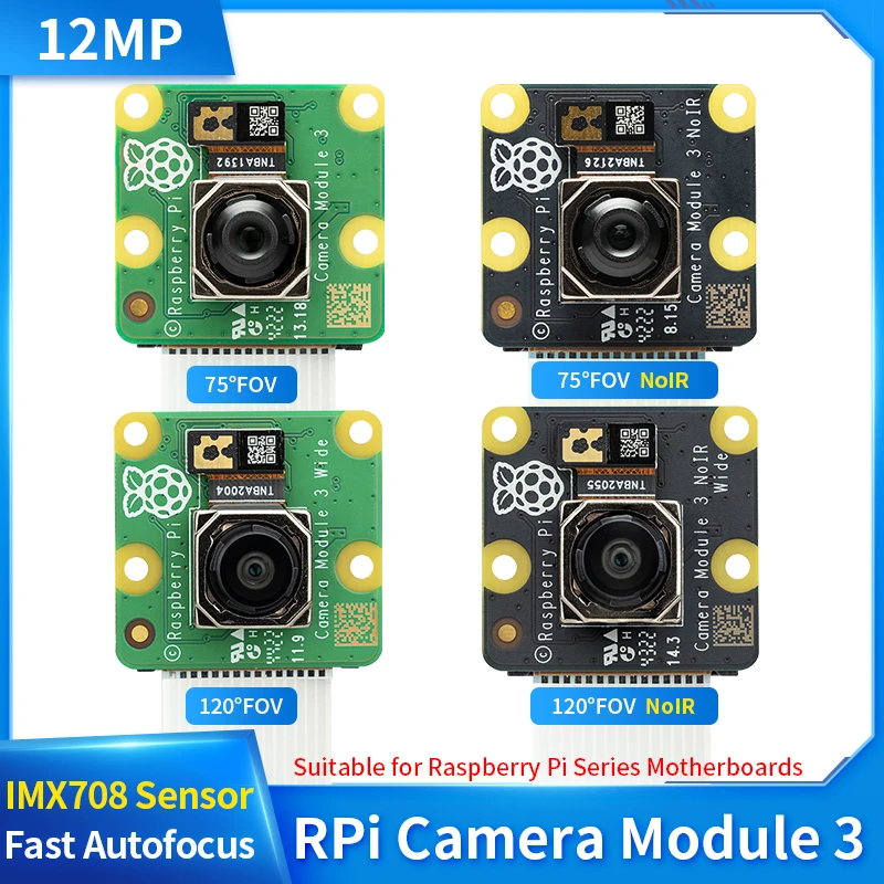 

Raspberry Pi Camera Module 3 IMX708 Sensor 12MP Auto-Focus 75° 120° FOV Optional NoIR Version for Raspberry Pi 4B 3B+ 3B