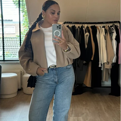 Imagen 2 del producto HXAO Chaqueta Bomber de otoño para mujer, abrigo recortado de color caqui, chaqueta negra de manga larga, prendas de vestir exteriores, chaqueta universitaria con cremallera de calle, abrigo corto