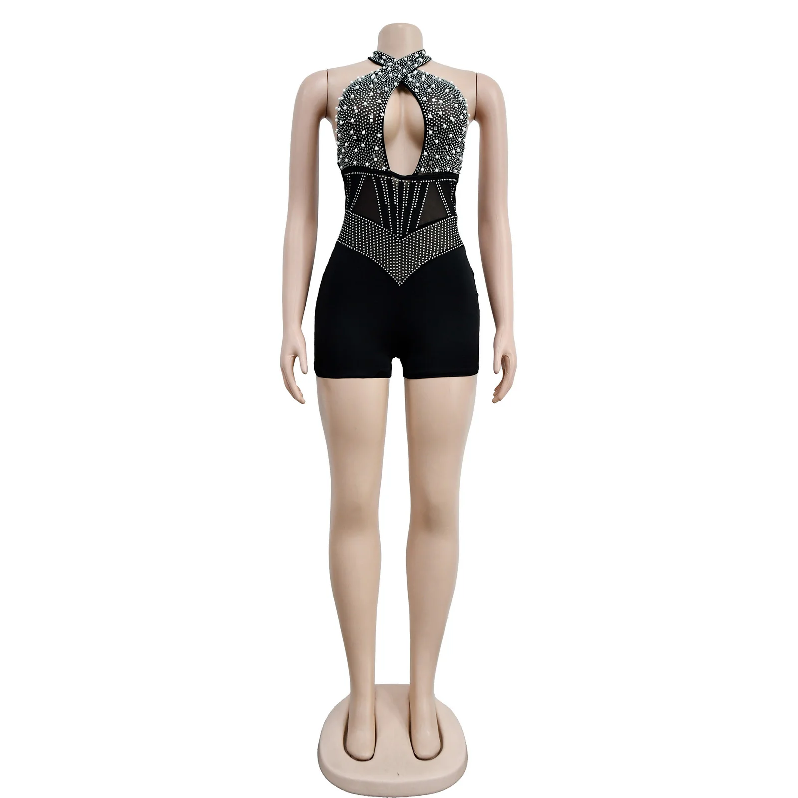 بدلة رقص نسائية للجمباز والتزلج على الجليد بدلة قفز لامعة مرصعة بأحجار الراين معبر رسن مجوف من الخلف مفتوحة بويشورت بدلة للنادي #3