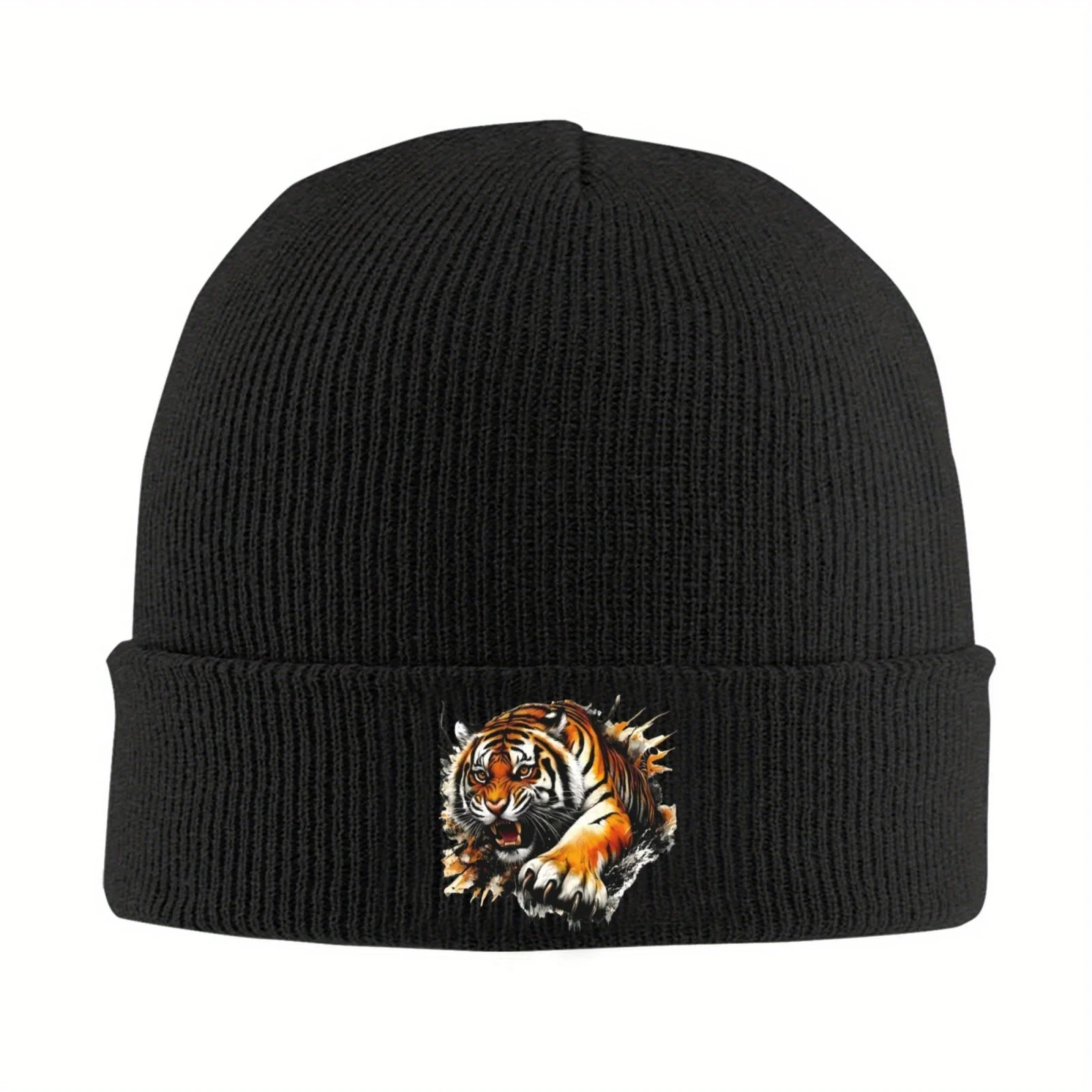 Aggressive Tiger Graphic Knit Beanie Hat Windproof Warm Winter Ski Hat Cold Weather Outdoor Sports Accessory