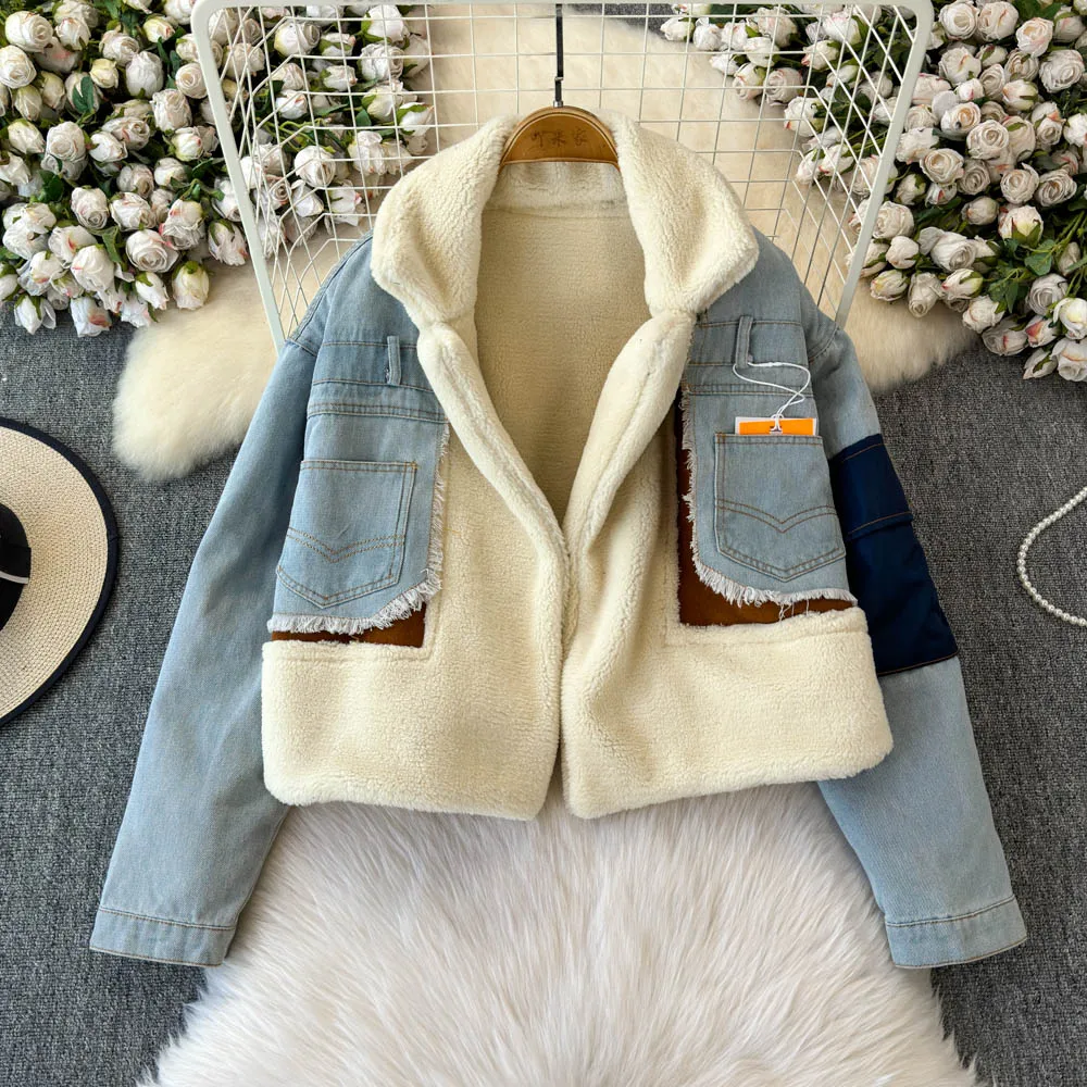 Mantel Denim wanita, mantel Denim tebal wol domba warna cocok longgar pendek musim dingin