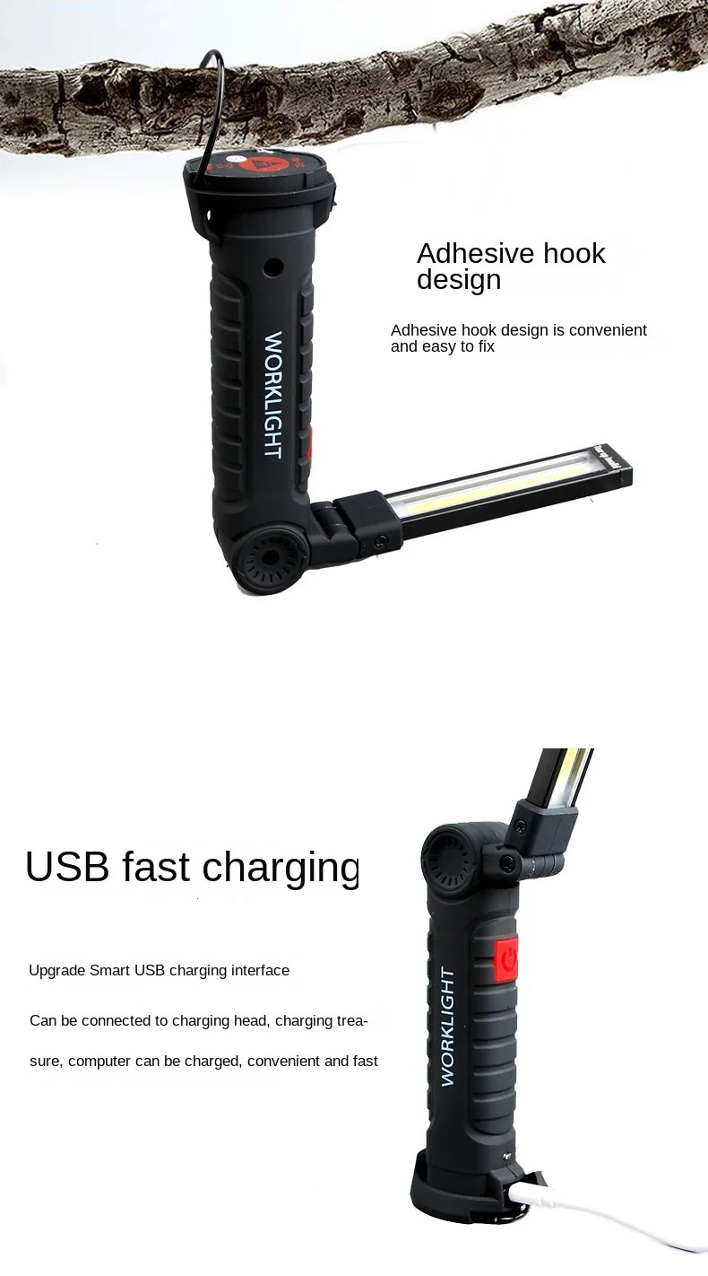 Lanterna portátil COB LED, USB recarregável, luz de trabalho, lanterna magnética, lâmpada pendurada com bateria embutida, tocha de acampamento, novo