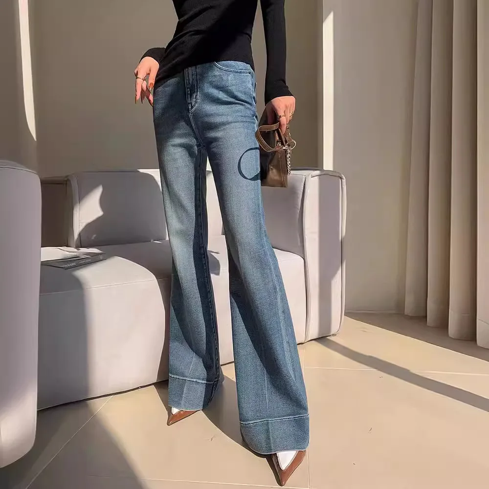 

SuperAen Blue Design High-waisted Jeans Women's Autumn 2025 New Flared Long Pants