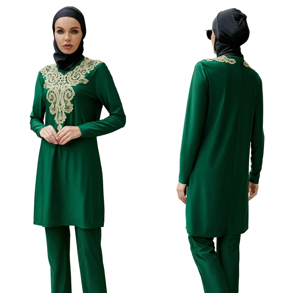 

Summer Muslim Embroidery Long Sleeve Modest Swimming Clothes Arab Women 3 PCS Coverage Swimsuits Full Cover Swimwear Bathing Set