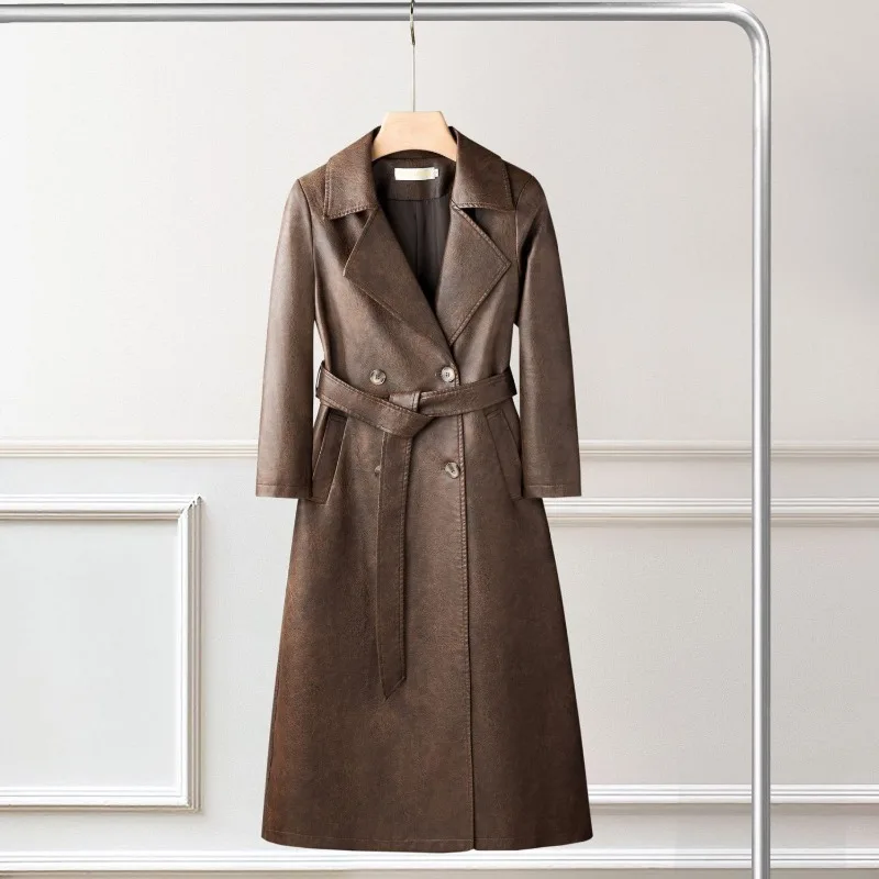 Nuovo cappotto da donna vintage giacca lunga in pelle trench soprabito retrò primavera autunno moda temperamento femminile