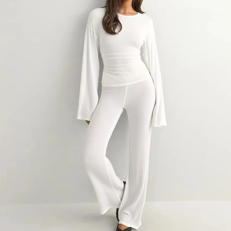 Conjunto ultraconfortável, gola redonda, manga microflares, conjunto de calças retas de cintura alta, elegante, duas peças, roupa de dormir