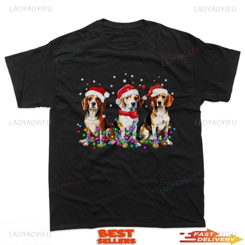 Beagle Dog Christmas Shirt Lights Dog Matching Family TShirt Funny Xmas Puppy Individuality Tshirt  Christmas Light Printing Top