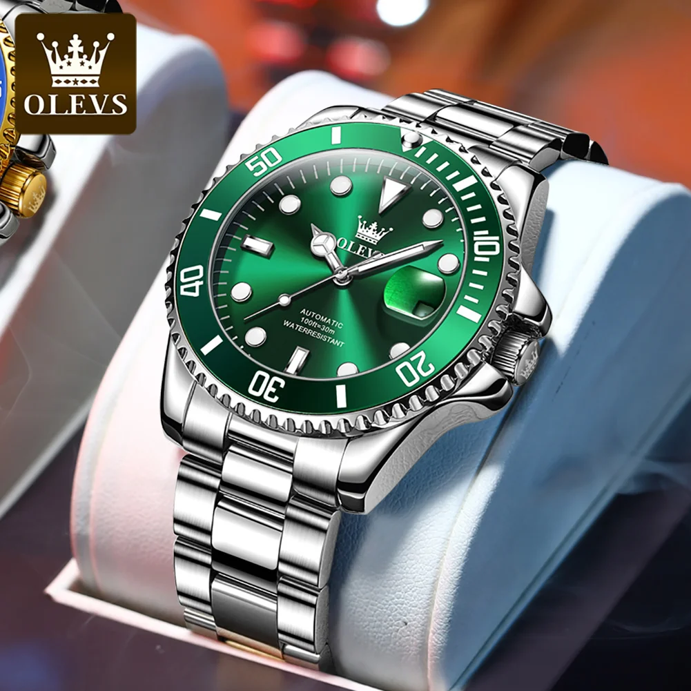 OLEVS-reloj mecánico totalmente automático para hombre, pulsera de marca de lujo con esfera verde, correa de acero inoxidable, resistente al agua,