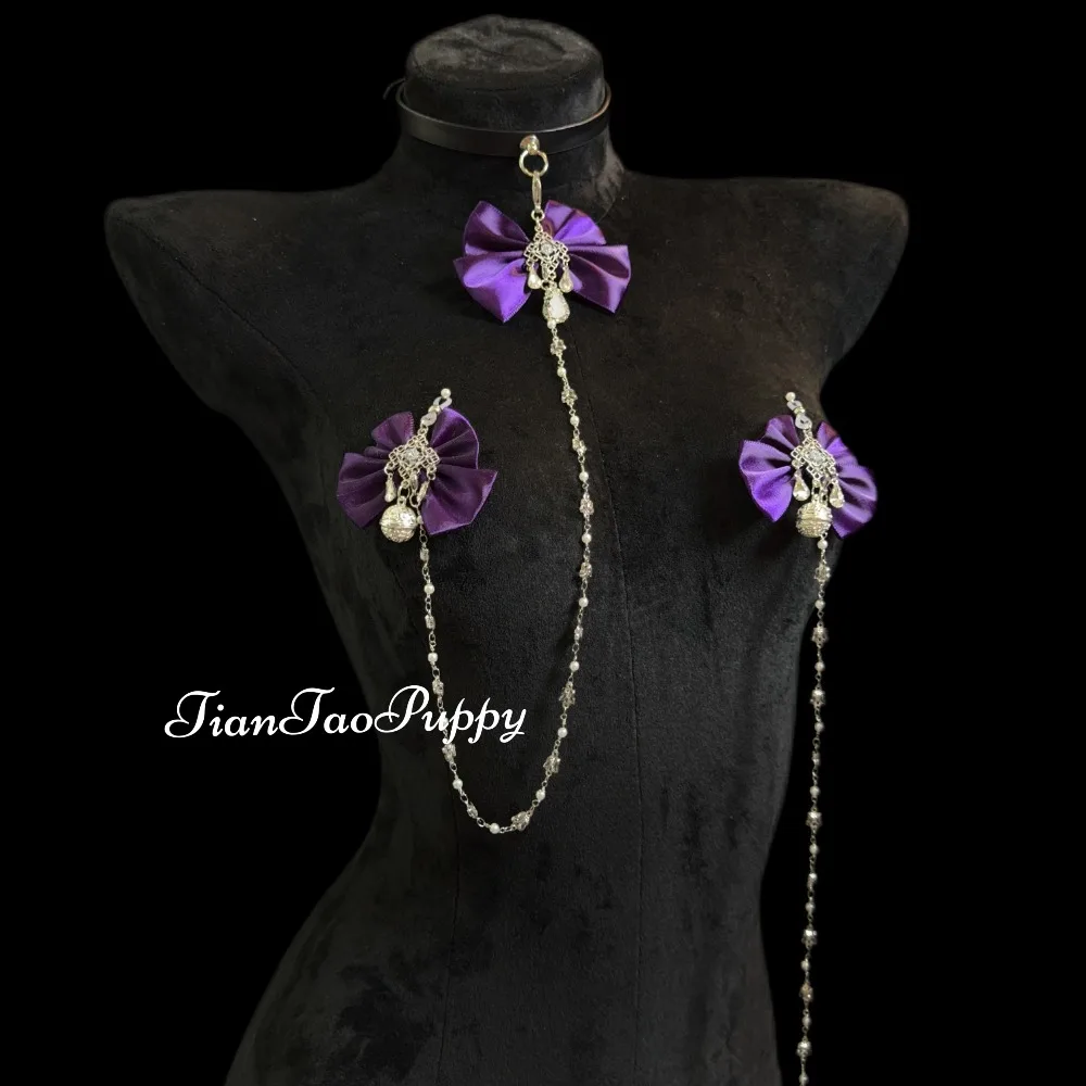 مجموعة صنم BDSM مع قلادة جلدية ومشابك للحلمة، سلسلة جسم قابلة للإزالة بعقدة على شكل فيونكة أرجوانية، مشابك سيليكون قابلة للتعديل للنساء #2