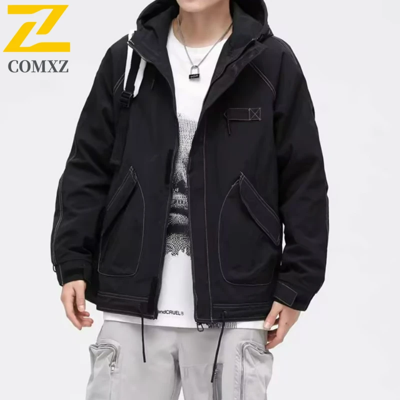 

2025 Autumn Jacket Male Vintage Hooded Stylish Loose Fit Large Patch Pockets Outerwear Camping Travel Windproof Jackets