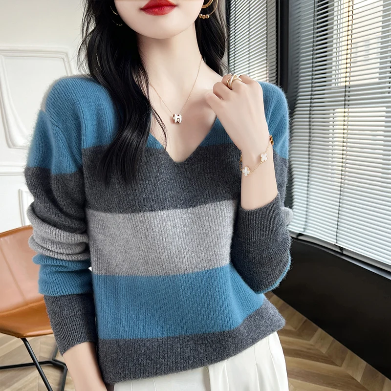 Female V-neck Wool Sweater Women Autumn/Winter Jumper Big Stripes Loose Knit Base Shirt Europe Station Cashmere Women\'s Clothing