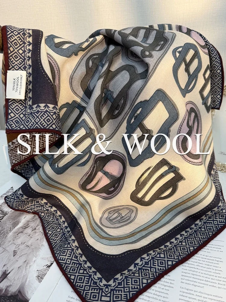 両面2色シルクウールスカーフ-レディース-春秋-高級感-馬蹄バックル-シルクウールスクエアスカーフ