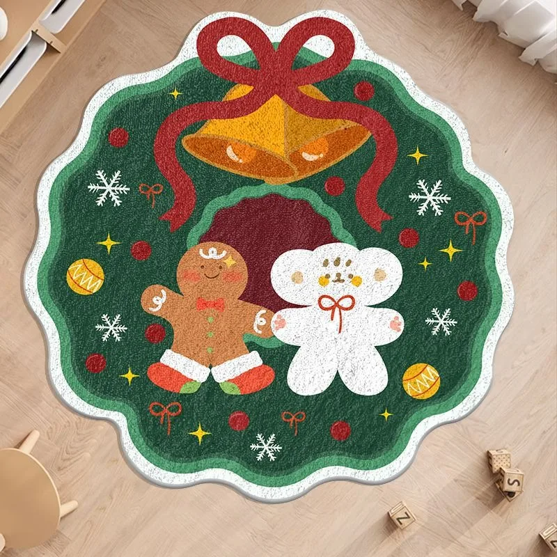 Flocking Snowman Christmas Imitation Cashmere Round Carpet Household Bedroom Non-slip Dirt-resistant Floor Mat INS Bedside Rugs