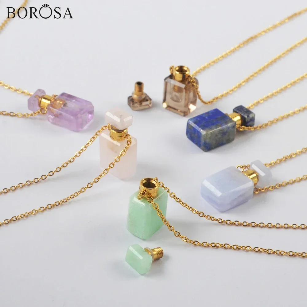 

Gold Rectangle Natural Stone Perfume Bottle Pendant Necklace Amethyst Lapis Crystal Essential Oil Bottle Diffuser for Women Gift