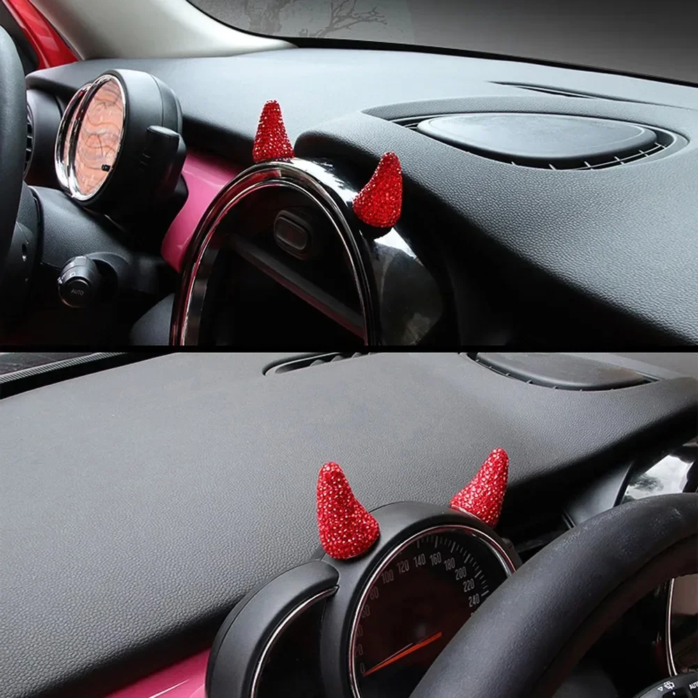 1 Pair Bling Bling Diamond Devil Horn Car Steering Wheel Dashboard Sticker  Decoration for Mini Cooper