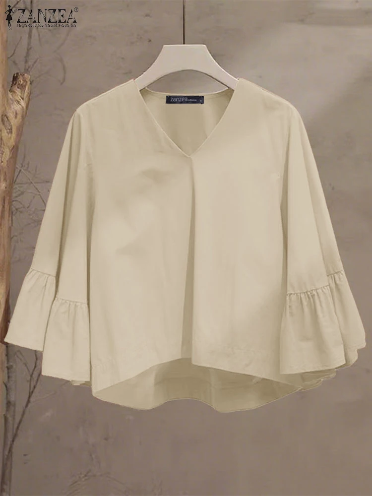 

ZANZEA Fashion Autumn Women Tops V-Neck 3/4 Flare Sleeve Solid Color Blouses Shirts 2025 Casual Loose Ruffled Oversized Blusas