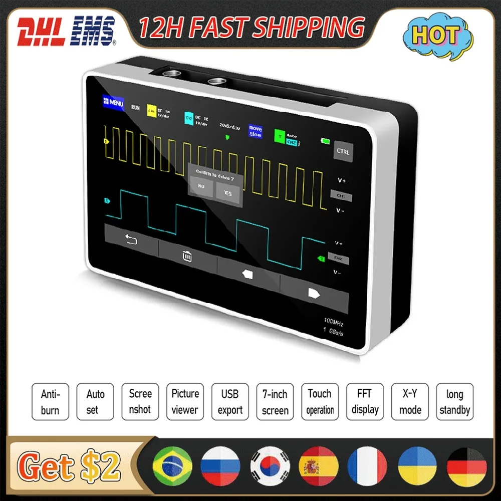 FNIRSI-1013D Digital Oscilloscope Tablet Osciloscopio Dual Channel 100MHz Bandwidth 1GS Sampling Rate Mini Digital Oscilloscopes