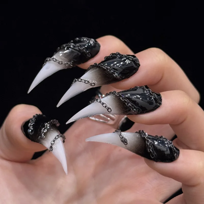 

Long Curved Stiletto Black White Gradient Press On Nails Metal Chain Charms Gothic Punk Glossy Cool Halloween Reusable False Nai