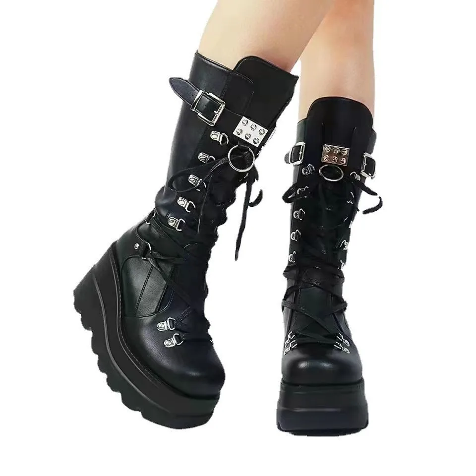 

New Designer Gothic Shoes Womens High Boots Cosplay Mid-calf Boots for Women High Platform Wedges Boots 2025 Autumn Winter Botas