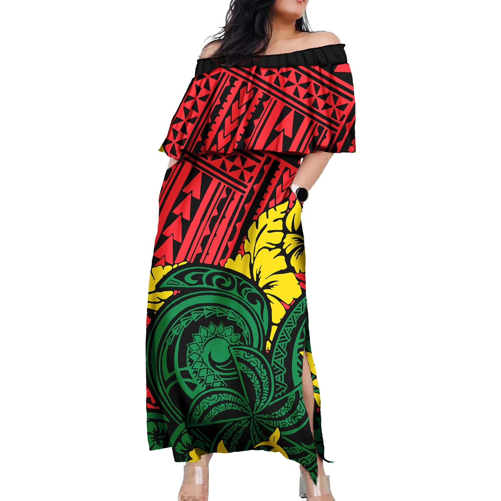 Tapa Clothes Polynesian Dress Design Beach Casual Big Ruffles Plus Size Samoa Island Print Customize Women Long Dresses