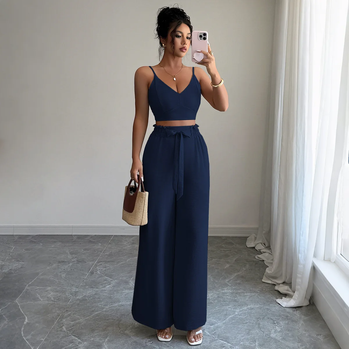 

Pant Set Women Two Piece Sets V Neck Sleeveless Sling Short Tops Wide Leg Long Pants Lace Up High Waist Y2k Streetwear Elegant
