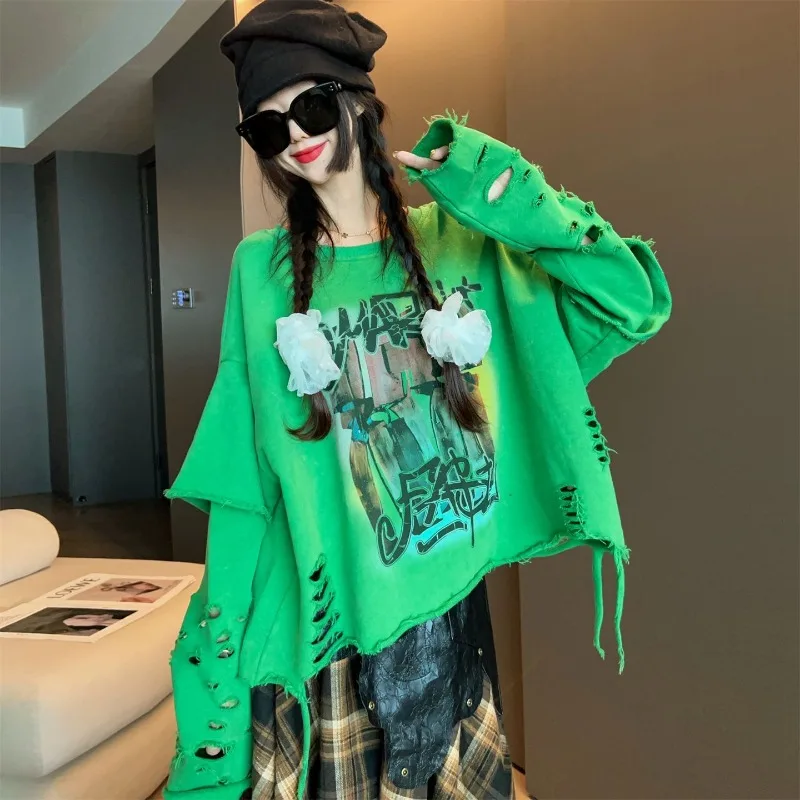 

Korean Version of Fashion Ripped Long-sleeved Sweater Women's Autumn New Loose Casual Versatile Top Exquisite and Simple Casual